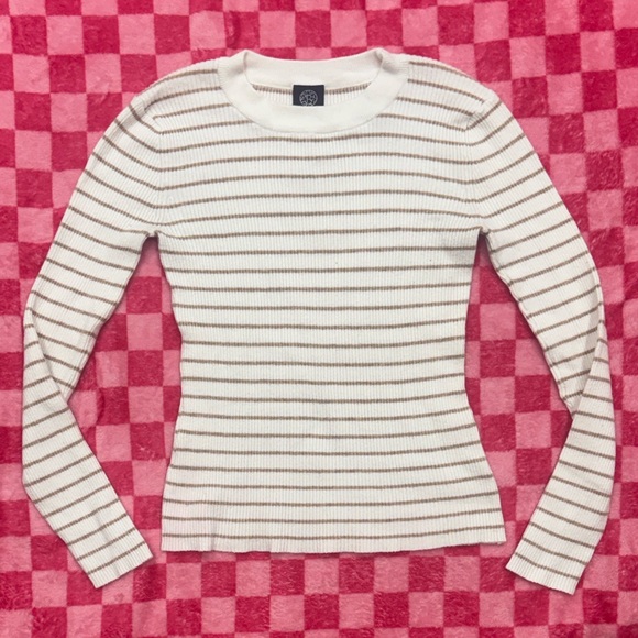 bobeau Sweaters - Bobeau Cream & Tan Striped Ribbed Sweater